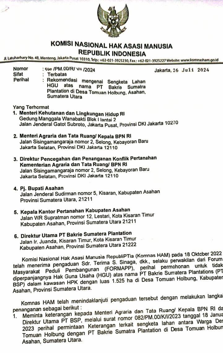 Komnas HAM Keluarkan Surat Rekomendasi Mengenai Sengketa Lahan HGU PT Bakrie Sumatra Plantation