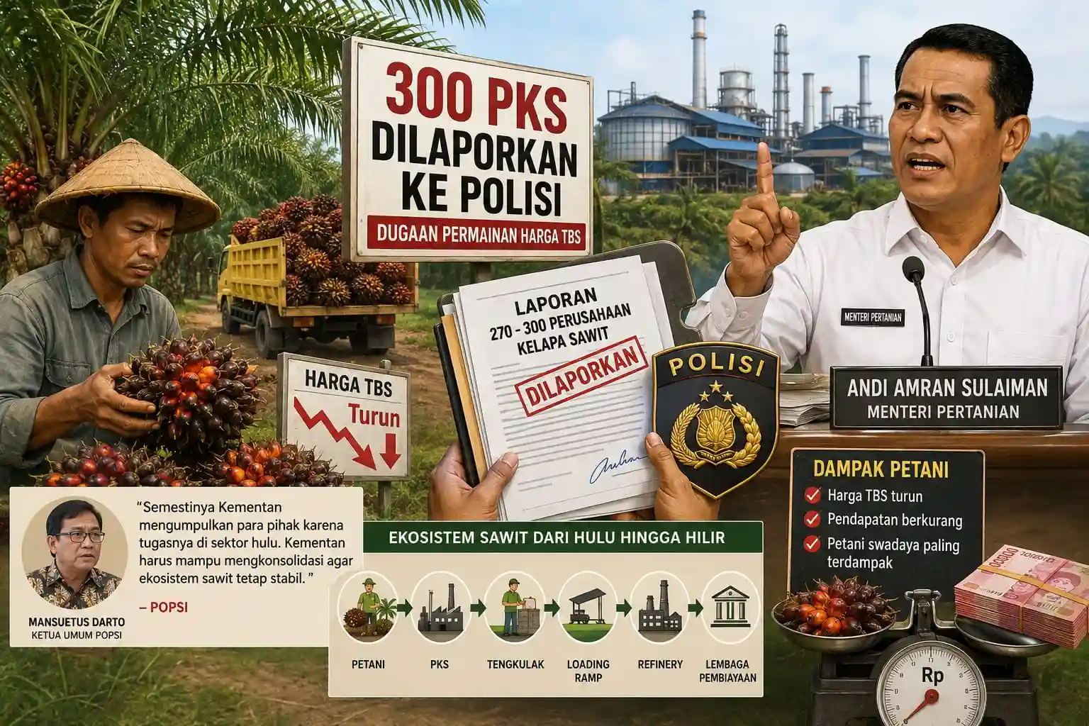 Imbas Dugaan Permainan Harga TBS, 300 PKS Dilaporkan Mentan Amran ke Polisi, POPSI Beri Tanggapan Tajam