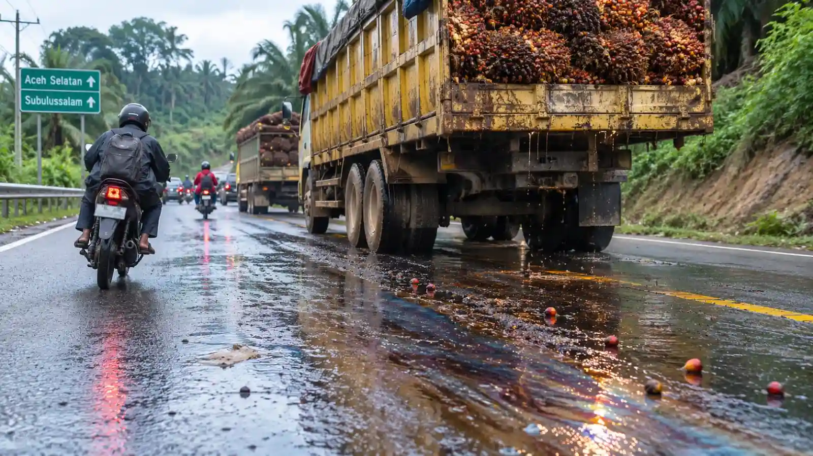 Jalan Lintas Aceh Selatan Licin Gegara Ceceran Minyak Berondolan Sawit